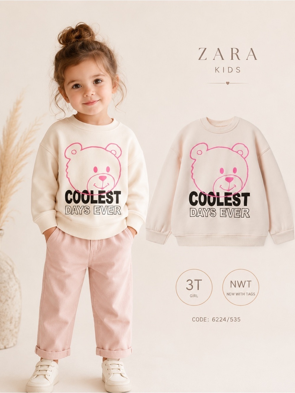Zara Kids Oyster White Bear Graphic Sweatshirt Size 3T NWT Girls Cozy Pullover